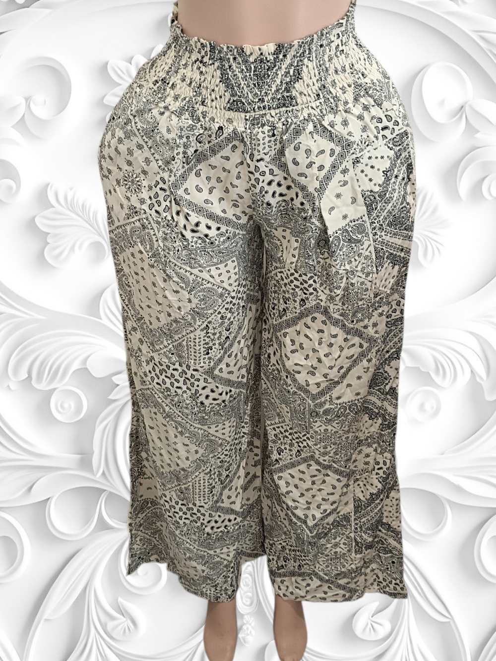 Smocked Waist Wide-Leg Pants in Cream & Black Print